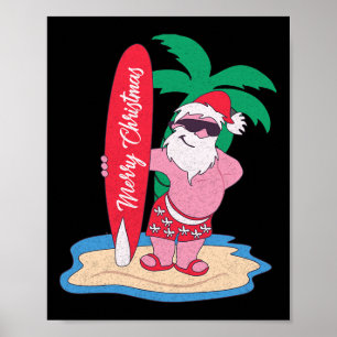 Funny Christmas In July Santa Claus Surfing On The Poster
