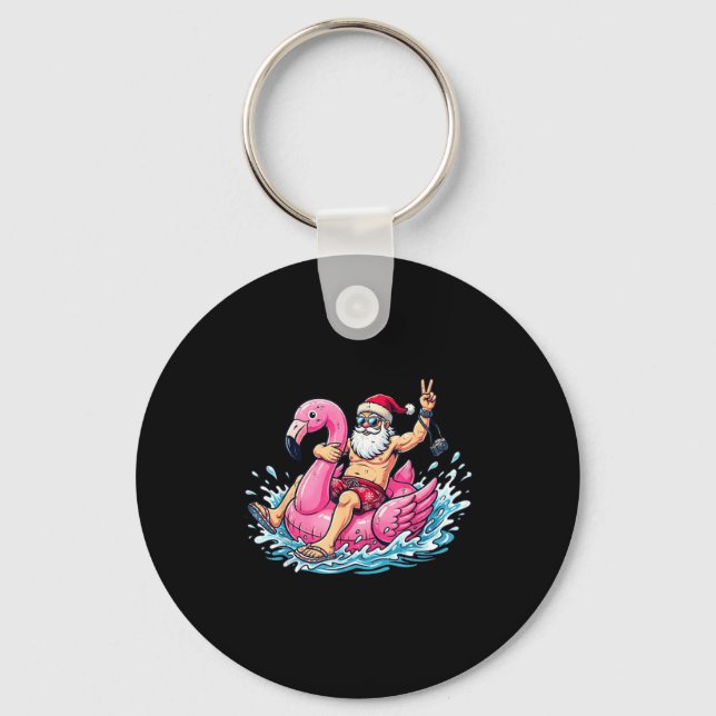 Funny christmas in july santa flamingo float xmas key ring (Front)
