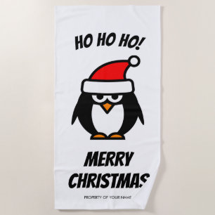 Funny Christmas in July santa penguin cartoon Beach Towel