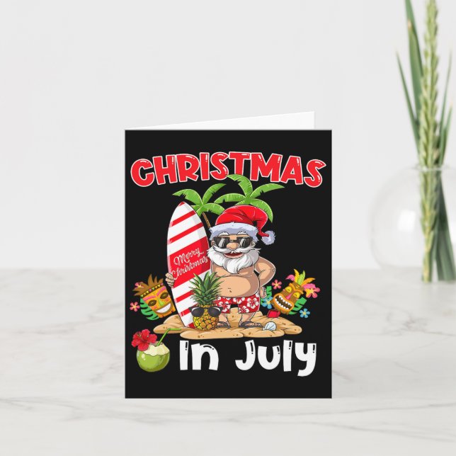 Funny Christmas In July Santa Surfing Summer Tiki  Card (Front)