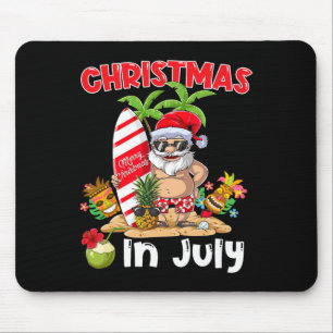 Funny Christmas In July Santa Surfing Summer Tiki Mouse Mat