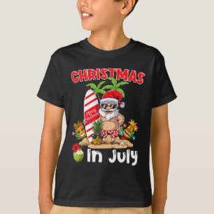 Funny Christmas In July Santa Surfing Summer Tiki T-Shirt