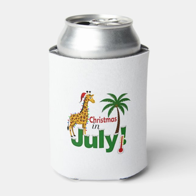 Funny Christmas in July Shirt Santa Giraffe Palm T Can Cooler (Can Front)