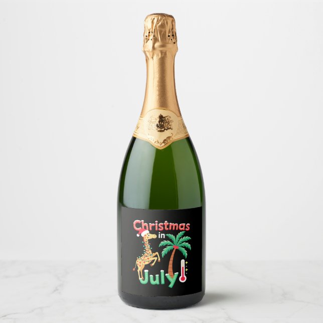 Funny Christmas in July Shirt Santa Giraffe Palm T Sparkling Wine Label (Front)