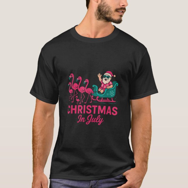 Funny Christmas in July Summer Santa Flamingo Slei T-Shirt (Front)