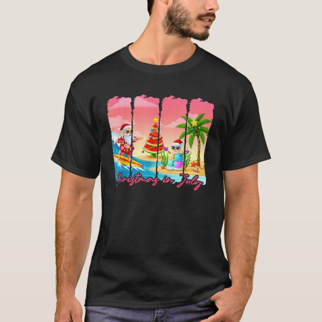 Funny Christmas in July Summer Santa Surfing Water T-Shirt (Front)