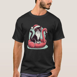 Funny Christmas in July Tuxedo Cat Santa Flamingo T-Shirt