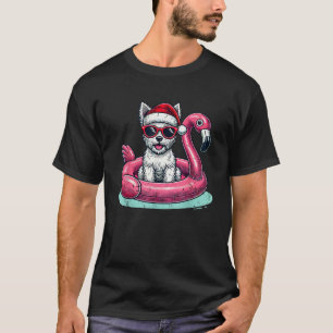 Funny Christmas in July Westie Dog Santa Flamingo T-Shirt