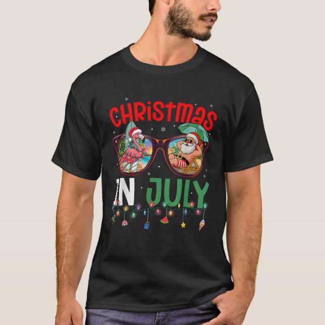Funny Christmas In Julys Girl Womens Flamingo Sant T-Shirt (Front)