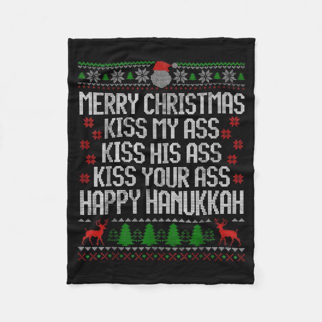 Funny Christmas Kiss My Happy Hanukkah Humor  Fleece Blanket (Front)