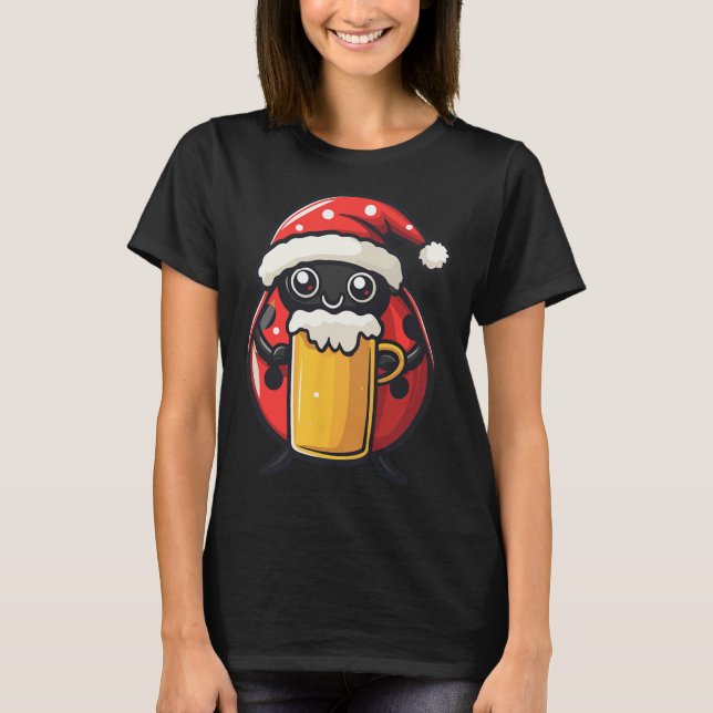 Funny Christmas Ladybug With Beer Comic  T-Shirt (Front)