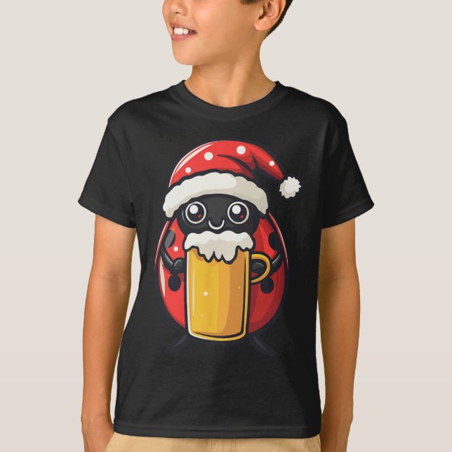 Funny Christmas Ladybug With Beer Comic  T-Shirt (Front)