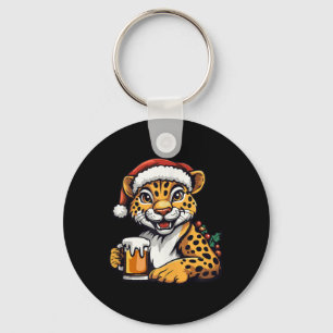 Funny Christmas Leopard With Beer Comic Key Ring
