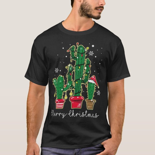 Funny Christmas Lights Cactus Santa Hat Cactus Lov T-Shirt (Front)