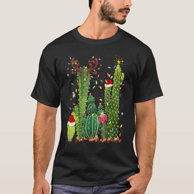 Funny Christmas Lights Cactus Santa Hat,Cactus Rei T-Shirt (Front)