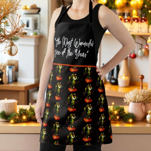 Funny Christmas Lights on Cactus Candle Pattern Apron (cactus candle draped in Christmas light with template text all-over design apron)