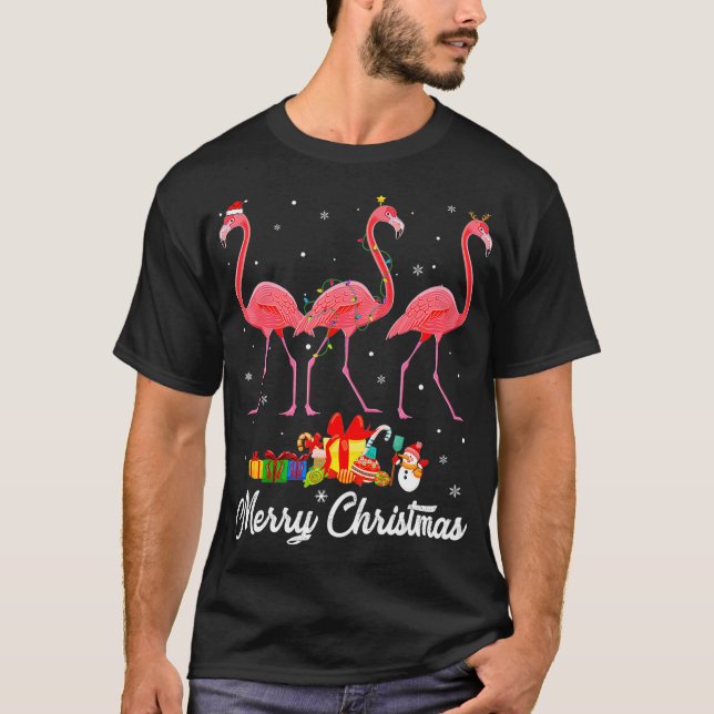 Funny Christmas Lights Xmas Pajama Flamingo Animal T-Shirt (Front)
