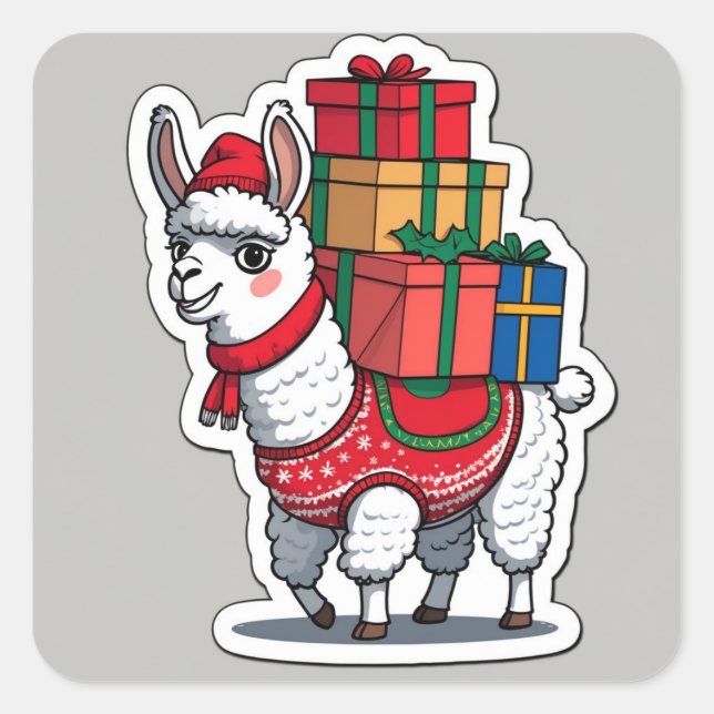Funny Christmas Llama Design – “Fa La La Llama” Square Sticker (Front)