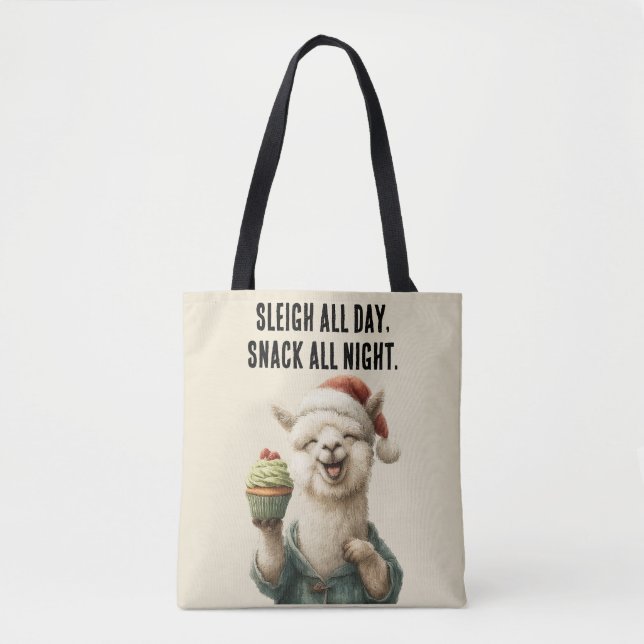 Funny Christmas Llama – Sleigh & Snack Tote Bag (Front)