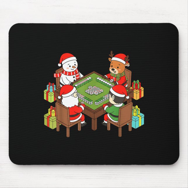Funny Christmas Mahjong Santa Snowman Elf Reindeer Mouse Mat (Front)