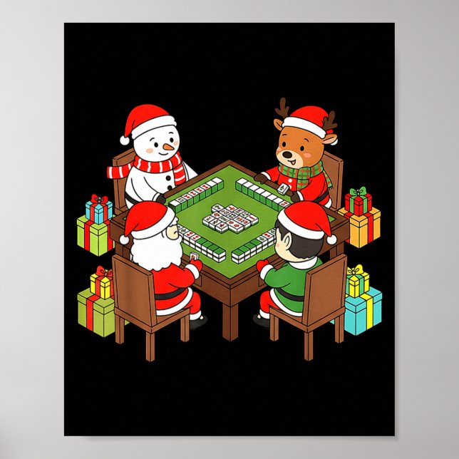 Funny Christmas Mahjong Santa Snowman Elf Reindeer Poster (Front)