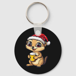 Funny Christmas Meerkat With Beer Comic  Key Ring