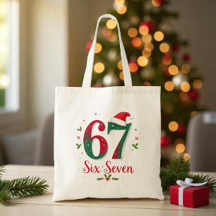 Funny Christmas Meme Six Seven 67 6 7 Holiday Tote Bag