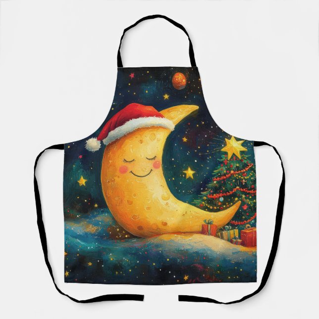 Funny Christmas Moon Galaxy Celebration Apron (Front)
