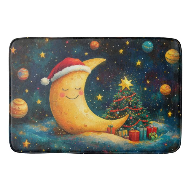 Funny Christmas Moon Galaxy Celebration Bath Mat (Front)