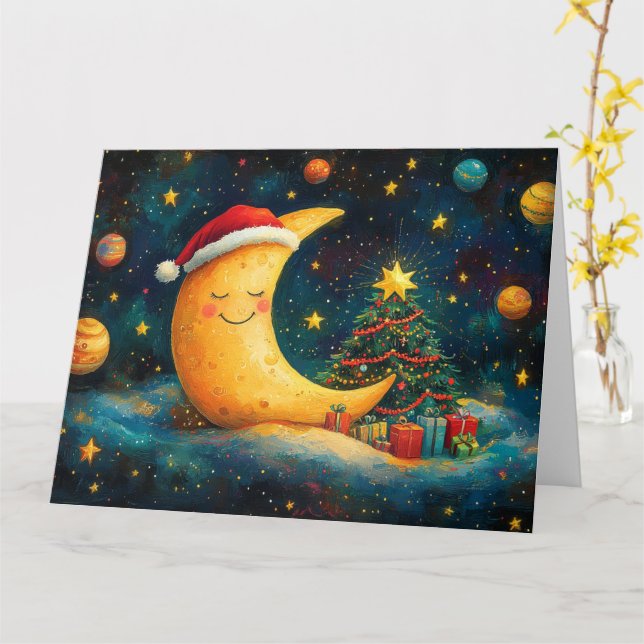 Funny Christmas Moon Galaxy Celebration Card (Yellow Flower)