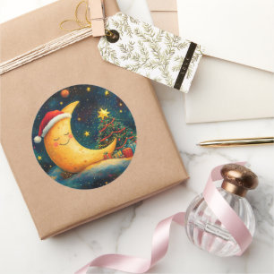 Funny Christmas Moon Galaxy Celebration Classic Round Sticker