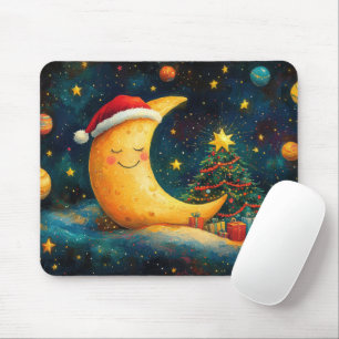 Funny Christmas Moon Galaxy Celebration Mouse Mat