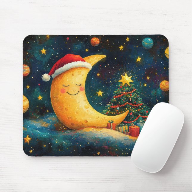 Funny Christmas Moon Galaxy Celebration Mouse Mat (With Mouse)