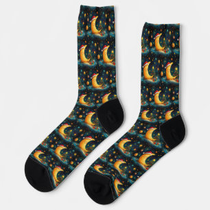 Funny Christmas Moon Galaxy Celebration Socks