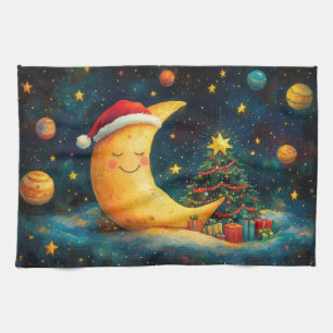 Funny Christmas Moon Galaxy Celebration Tea Towel