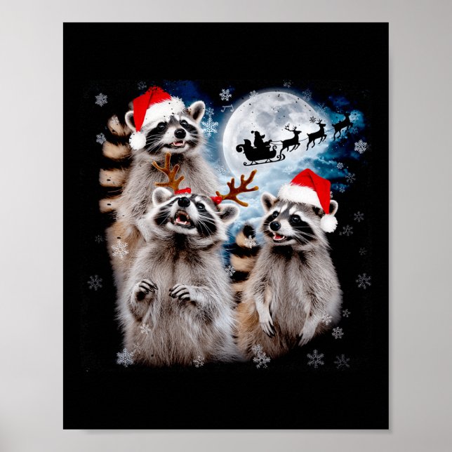 Funny Christmas Moon Howling Racoon Xmas Men  Poster (Front)