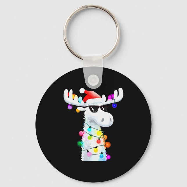 Funny Christmas Moose With Sungles And Holiday Lig Key Ring (Front)