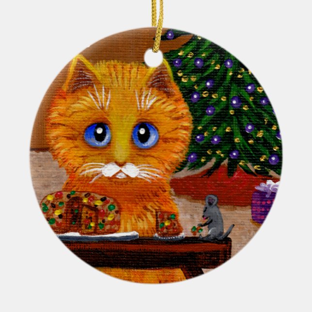 Funny Christmas Orange Cat Art Creationarts Ceramic Tree Decoration (Front)