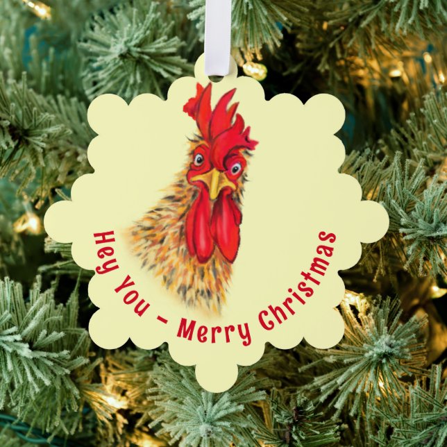 Funny Christmas Ornament Card Surprised Rooster (Insitu (Tree))