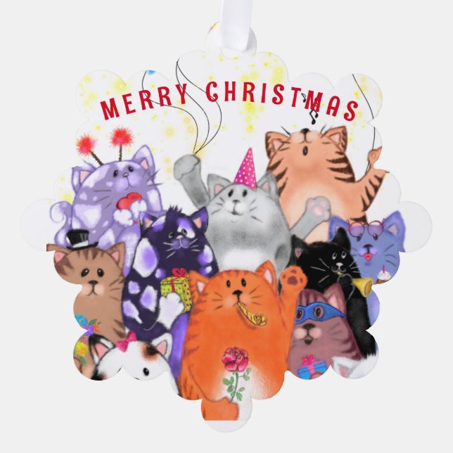 Funny Christmas Ornament Card with Happy Cat Party (Front)