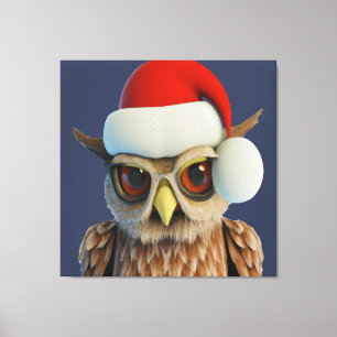 Funny Christmas Owl Wearing Santa Hat Canvas Print