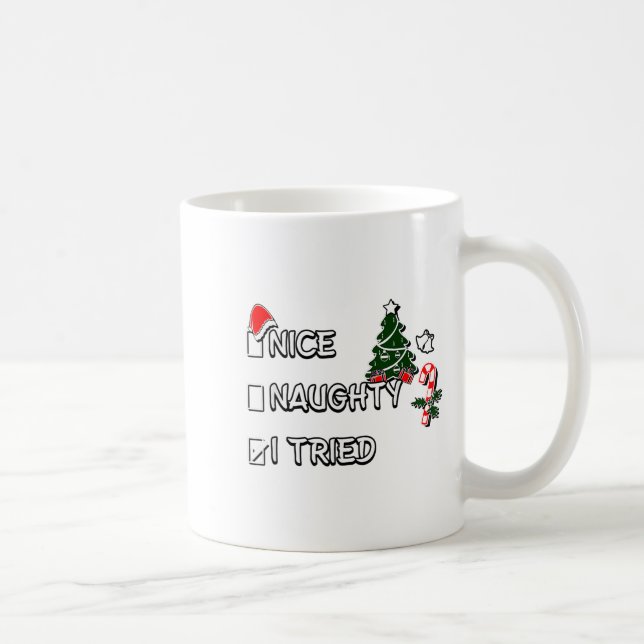 Funny Christmas Pajama Lights Nice Naughty I Tried Coffee Mug (Right)