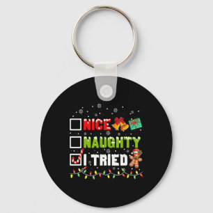 Funny Christmas Pajama Lights Nice Naughty I Tried Key Ring