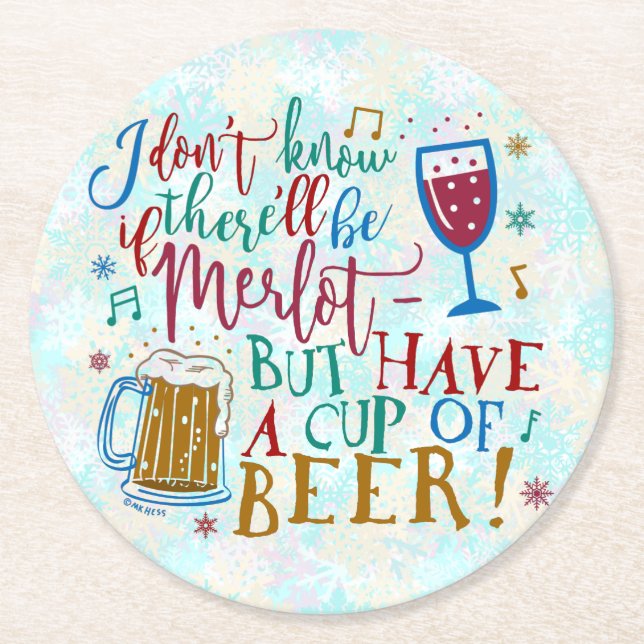 Funny Christmas Party Merlot Wine Beer Typography Round Paper Coaster (Front)