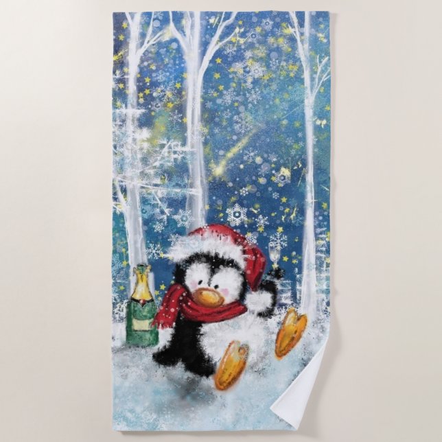 Funny Christmas Penguin Beach Towel (Front)