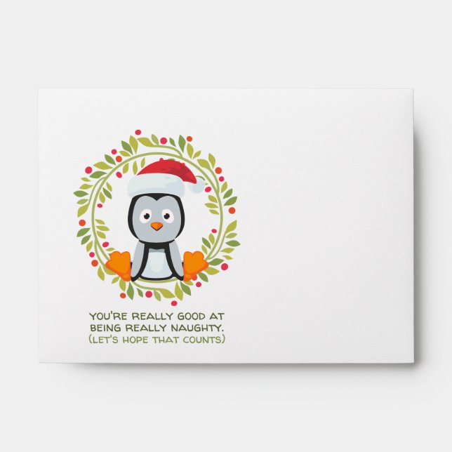 Funny Christmas Penguin Good at Being Naughty Envelope (Front)