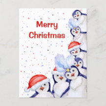 Funny Christmas Penguins Watercolor