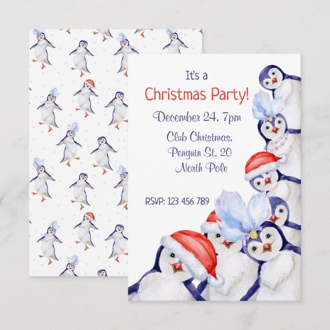 Funny Christmas Penguins Watercolor  Invitation (Front/Back)