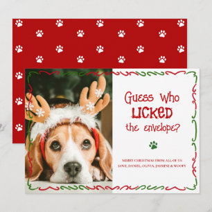 Funny Christmas Pet Photo Who Licked Envelope Red Holiday Card