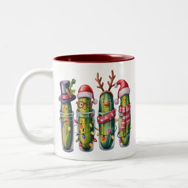 Funny Christmas Pickle Pickles Holiday Cucumber  Two-Tone Coffee Mug (Left)